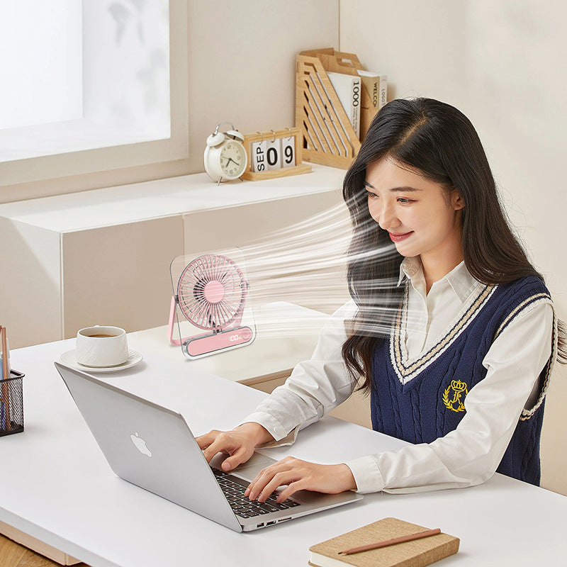 Cooling clear acrylic-framed rechargeable portable desk fan with digital battery percentage display and foldable handle Bowlift