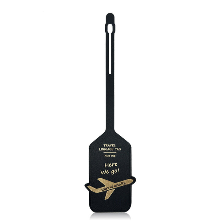premium leather travel luggage ID tag with embossed airplane motif and adjustable strap Bowlift