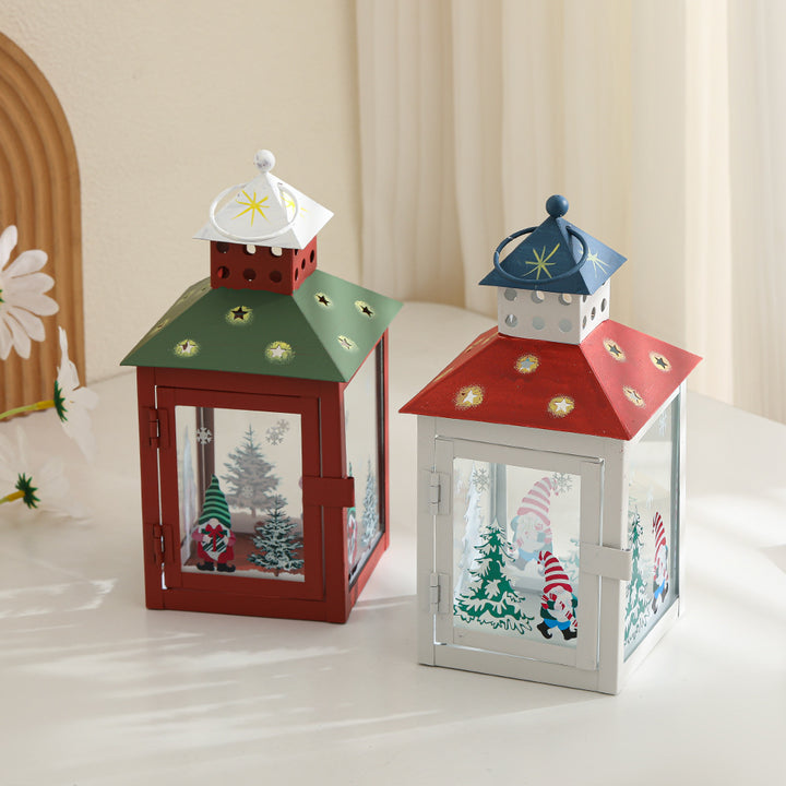 Decorative Holiday Gnome Lantern with Star-Cut Roof and Glass Panel Candle Holder Bowlift