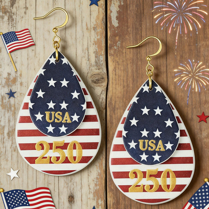 Women's nan layered teardrop patriotic faux leather dangle earrings with gold-tone fishhook Bowlift