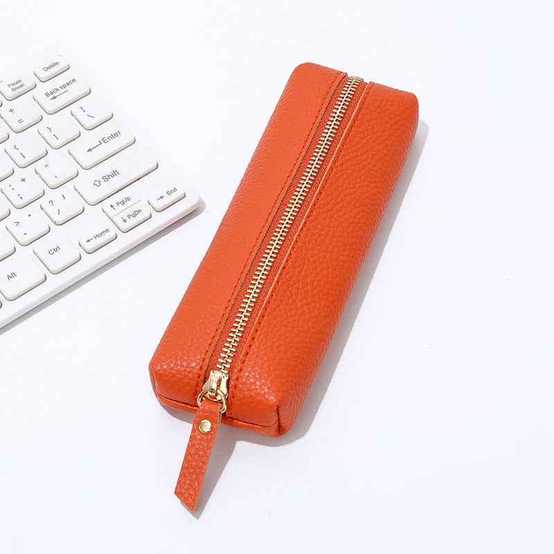 Genuine Pebbled Leather Slim Pen Case with Gold Zipper Bowlift