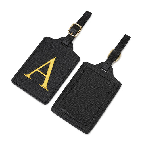 embroidered initial monogram leather luggage tag with adjustable buckle strap Bowlift
