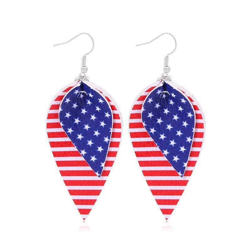 Women heart-shaped drop earrings with patriotic flag print and nickel-free hooks Bowlift