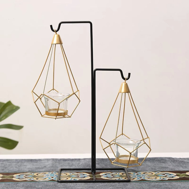 Decorative Geometric Hanging Tealight Candle Holder Set with Metal Stands and Glass Votives Bowlift