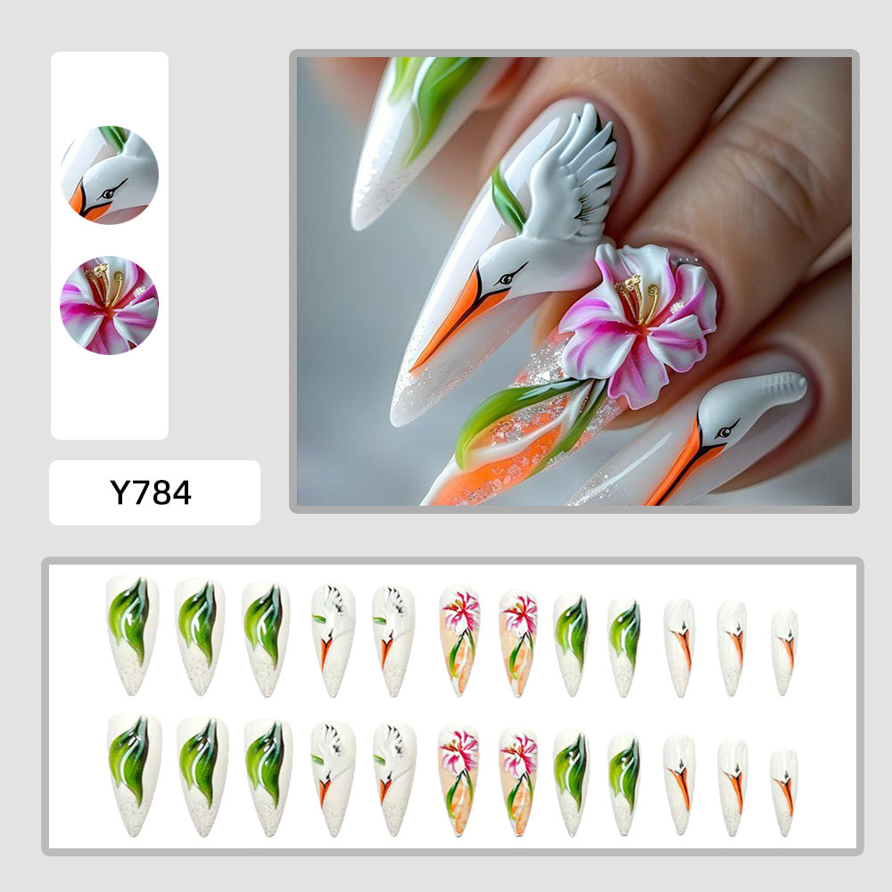 Artificial Nail Set with Floral Stork Design Bowlift