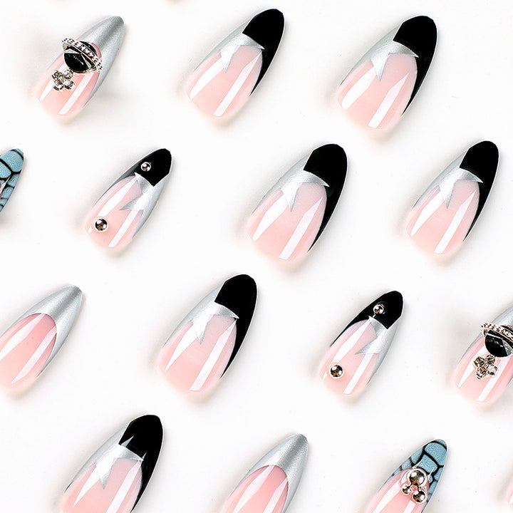 Artful acrylic nails with elegant 3D decorations and glitter effects Bowlift