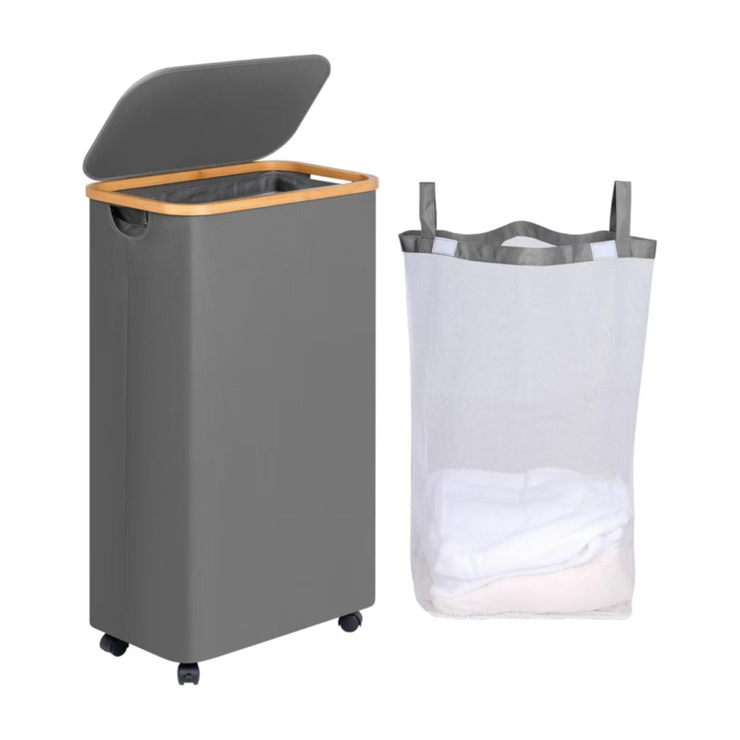 High-quality laundry container with bamboo lid and practical carrying handle Bowlift