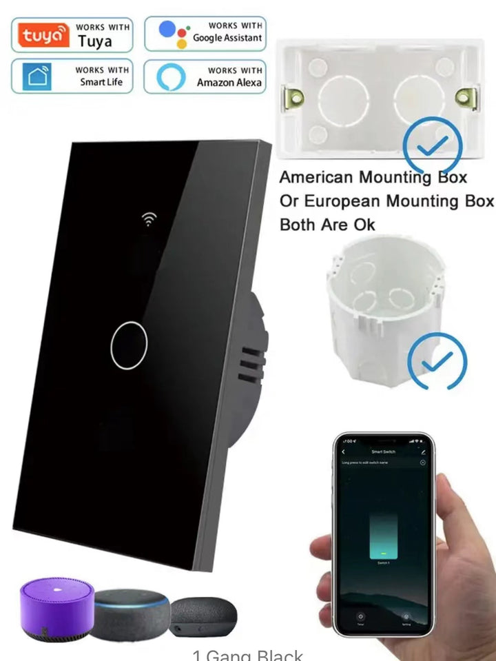 WiFi Touch Wall Switch Single Gang Crystal Glass Panel Smart Light Control Bowlift