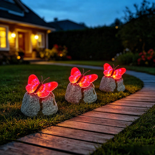 Decorative Solar-Powered Butterfly Perched Stone LED Garden Accent Bowlift