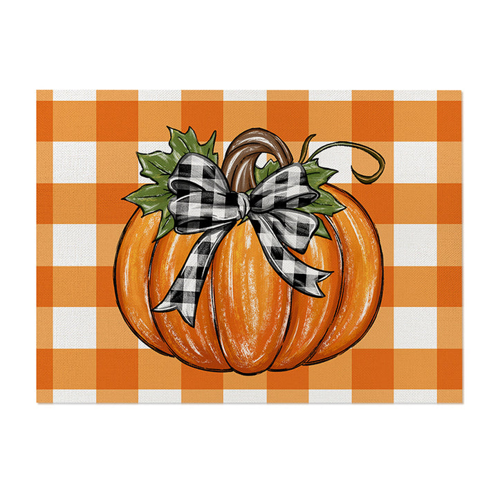 Rectangular Linen-Texture Table Placemat with Watercolor White Pumpkin & Fall Foliage Print