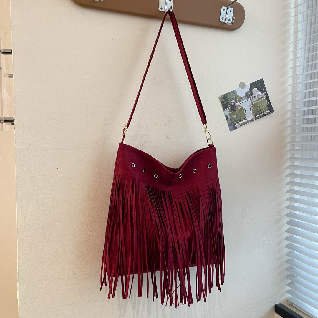 Suede Fringe Shoulder Bag Bowlift