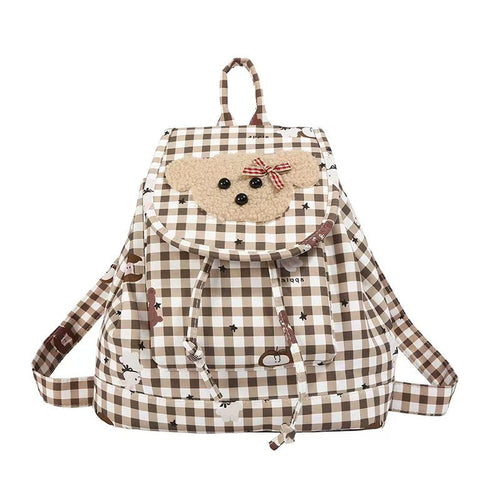 Backpack with Charming Plush Bear Motif and Playful Checkered Pattern Bowlift