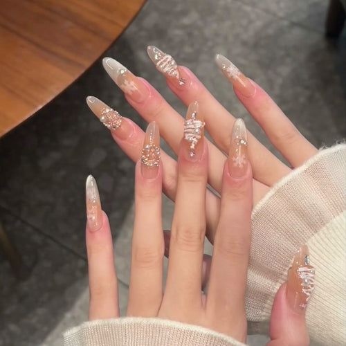Artistic Press-On Nail Set with Decorative Gemstone Accents Bowlift