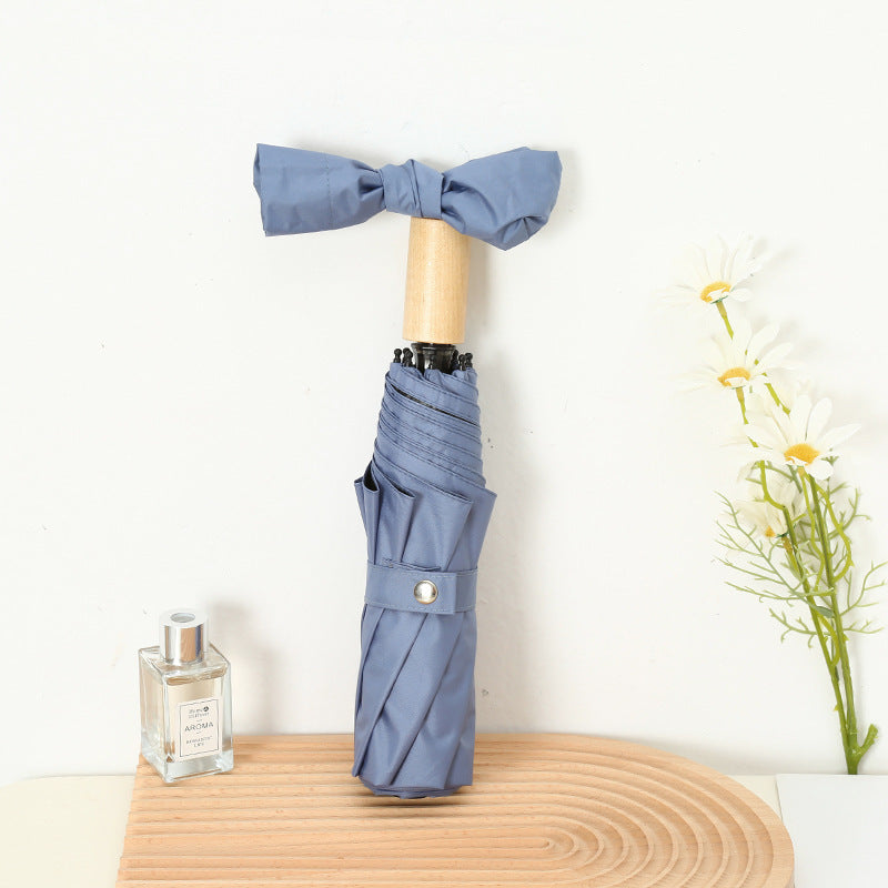 Women's Elegant Folding Umbrella with Wooden Handle Bowlift