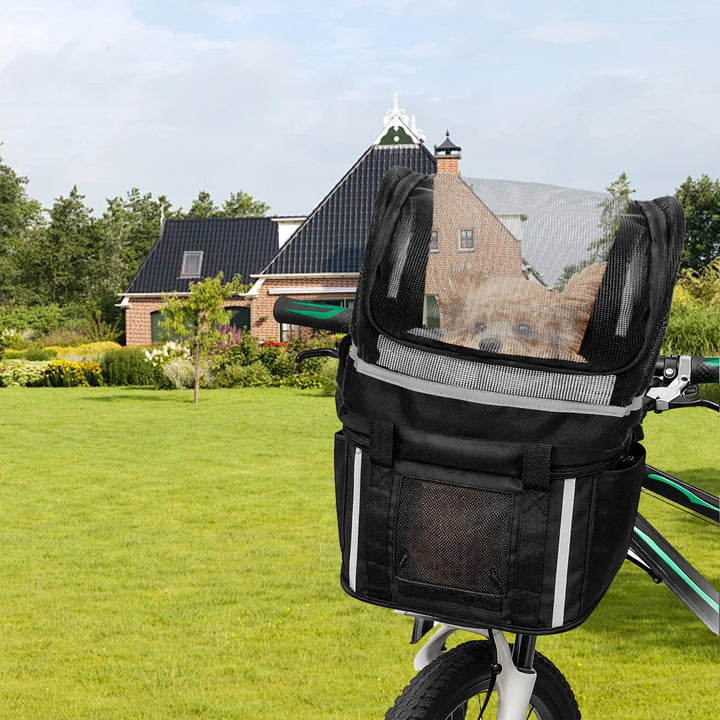 front-mounted breathable mesh bicycle pet basket canopy with reflective trim Bowlift