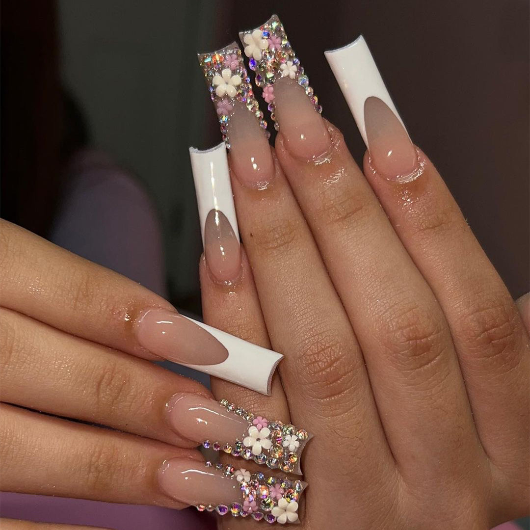 Artful Nail Extensions with Glitter and Flower Decor Bowlift