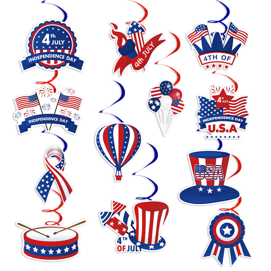 Unisex hanging party decoration hanger with spirals, patriotic symbol pendants and hanging loops Bowlift