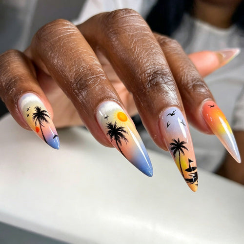 Artificial nails with tropical sunset design Bowlift