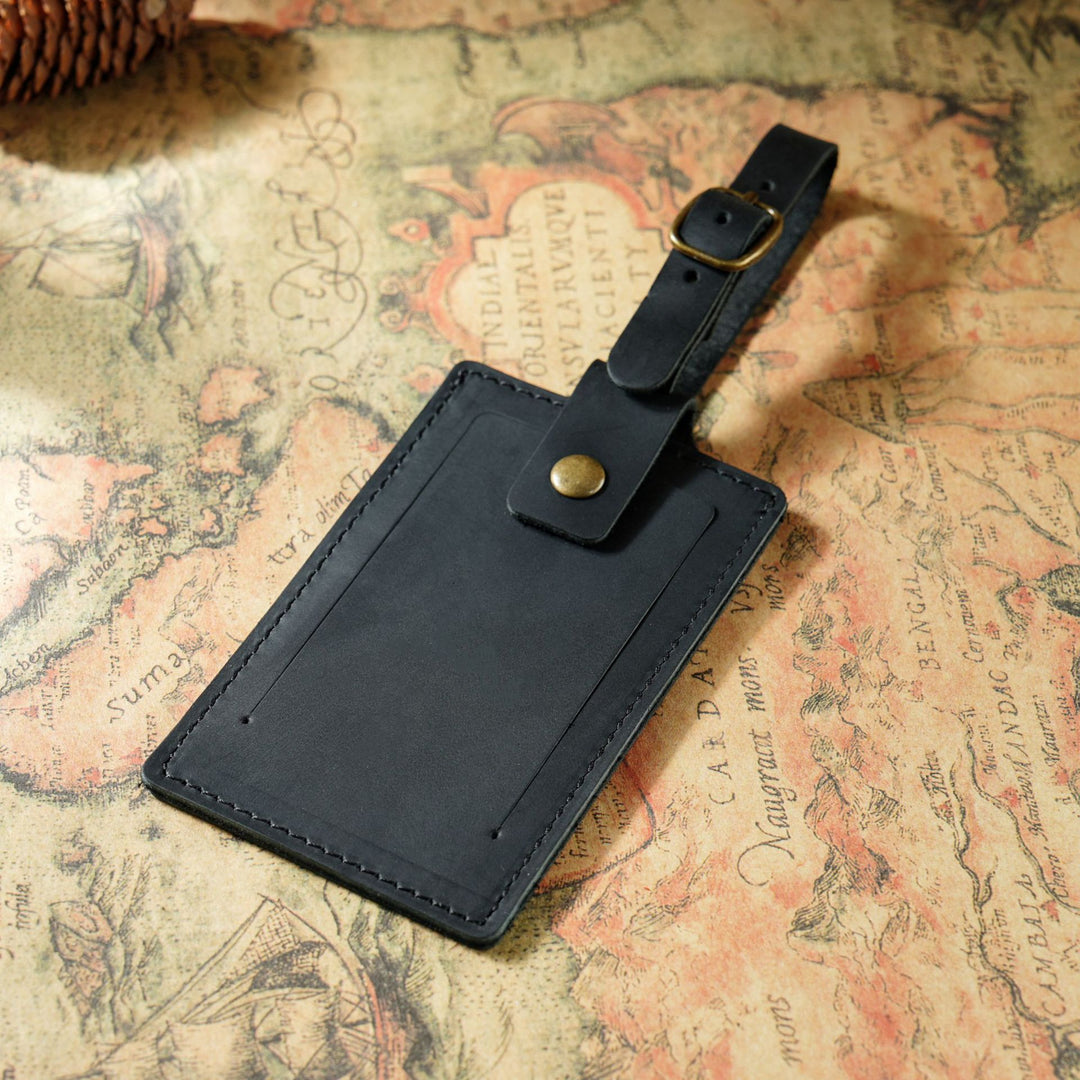 Vintage Full-Grain Leather Luggage Tag with Adjustable Buckle Strap Bowlift