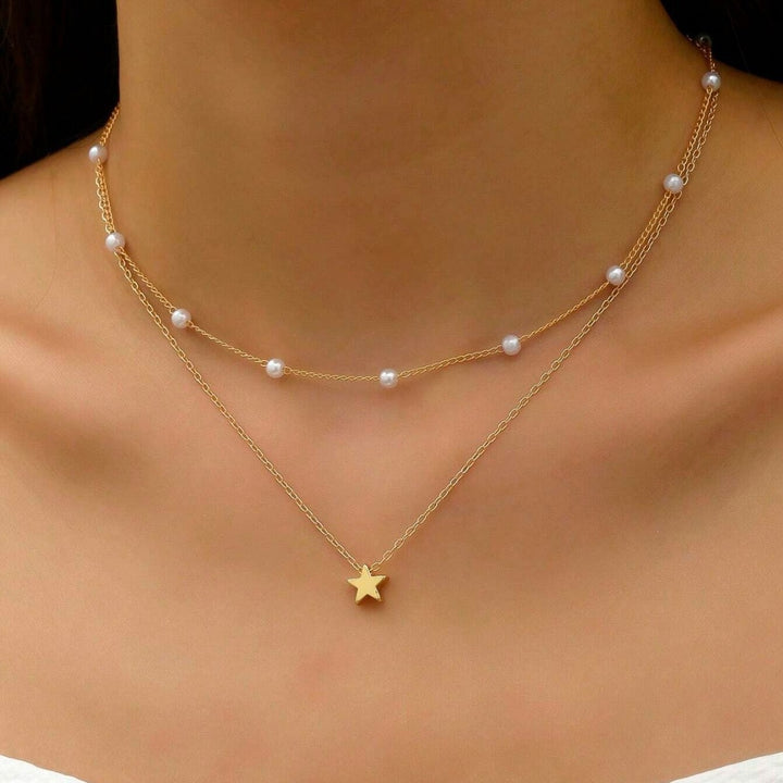 Layered Pearl and Star Pendant Necklace Bowlift