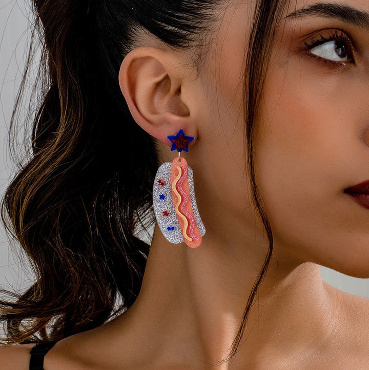 Women's nan novelty glitter hot dog dangle earrings with star stud Bowlift