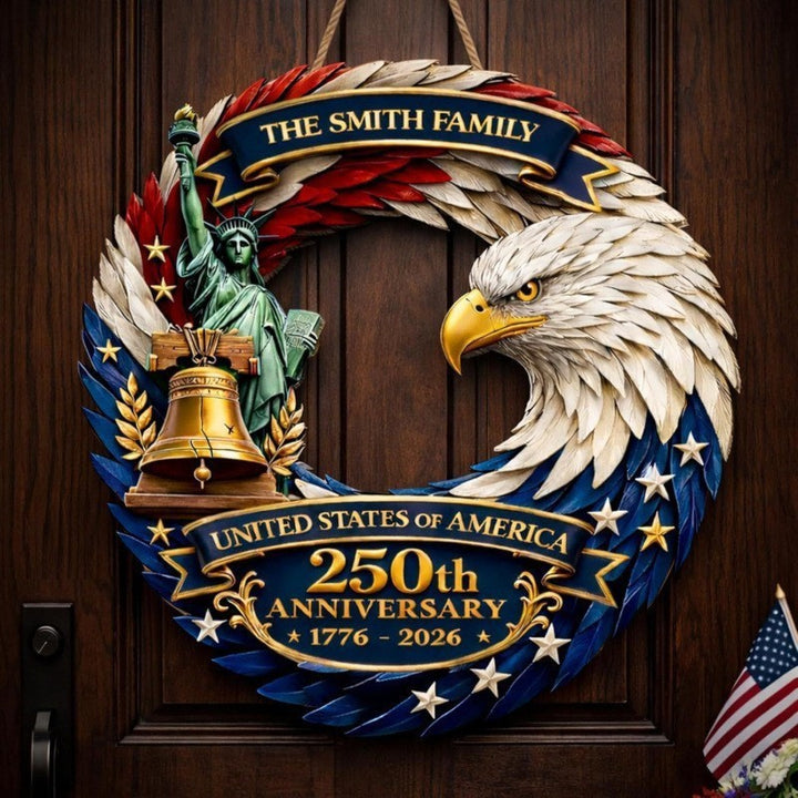 Independence Day patriotic front door wreath with Eagle Statue of Liberty and Liberty Bell accents Bowlift