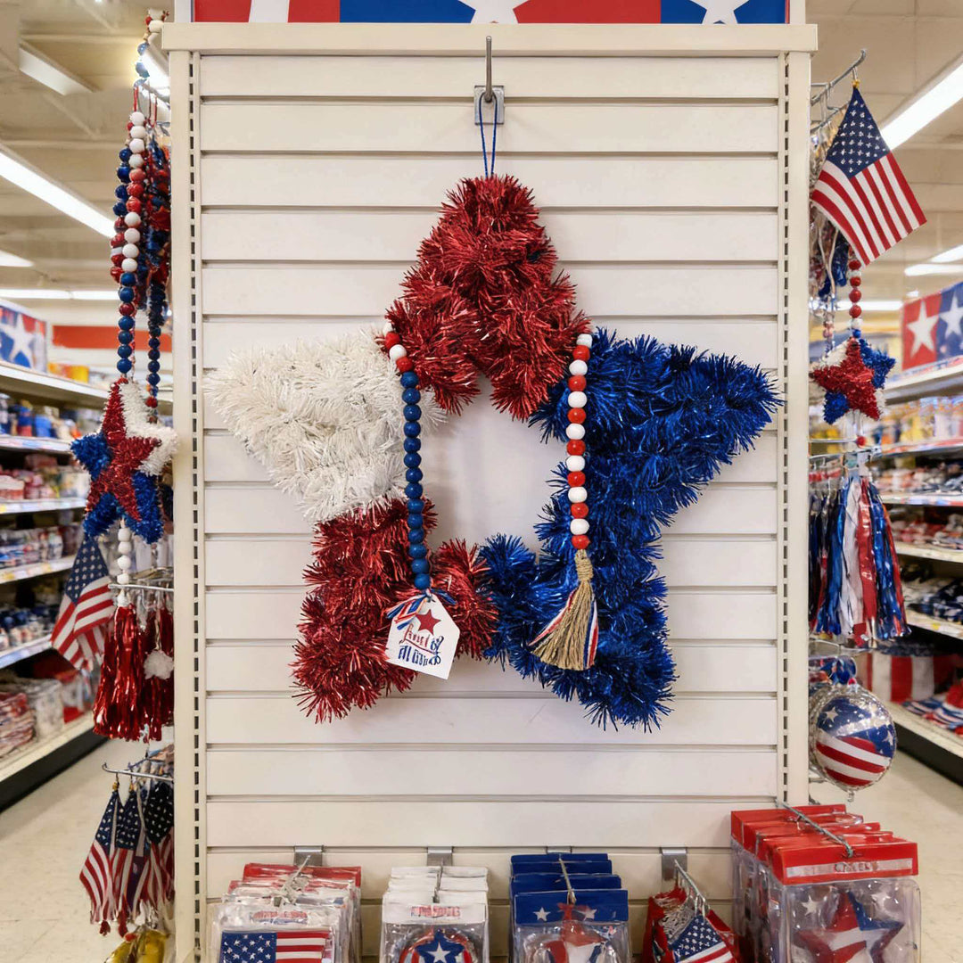 Unisex nan patriotic star door wreath made of artificial tinsel with wooden bead tassel and hanging pendant Bowlift