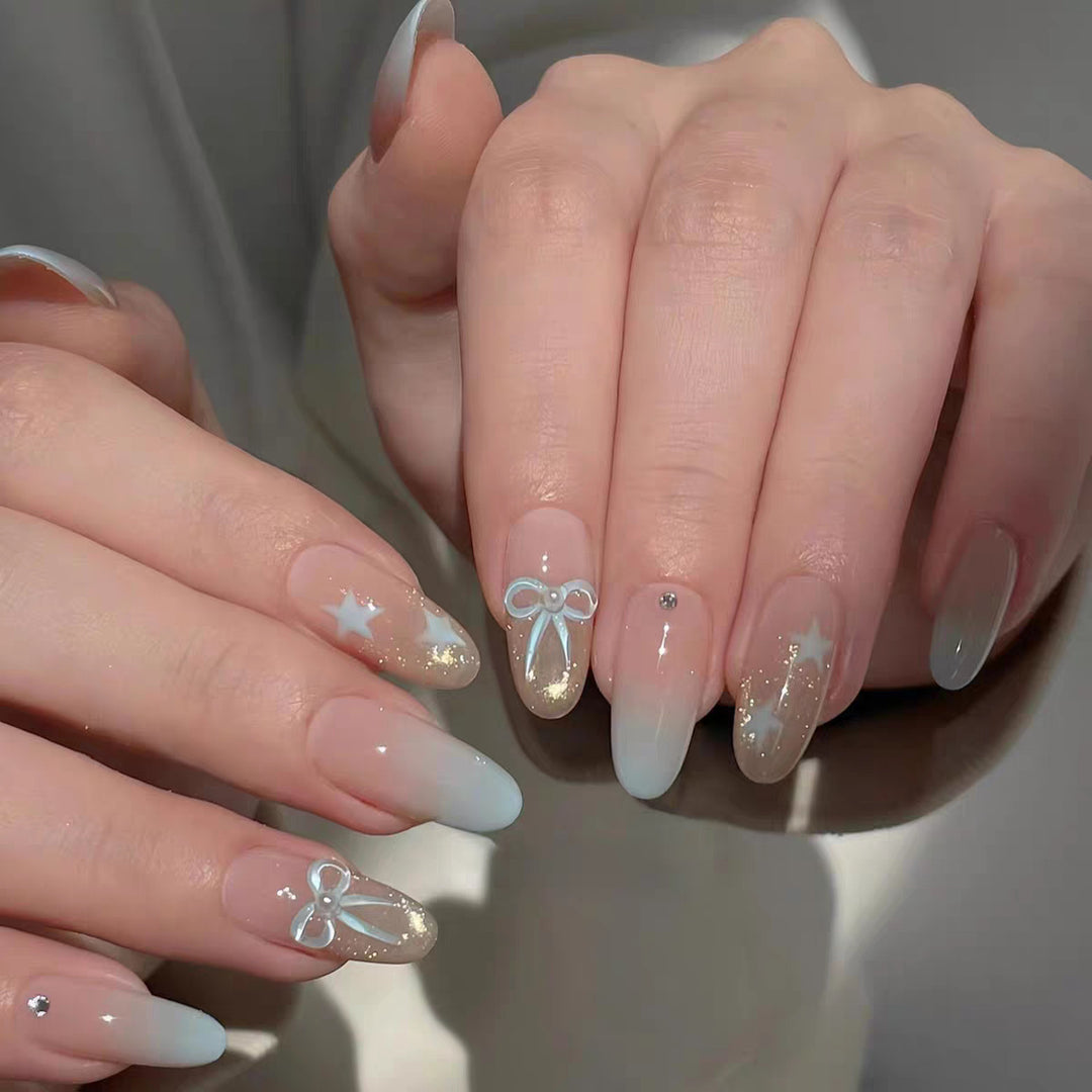 Decorative Press-On Nail Art Set with Bow and Gradient Details Bowlift