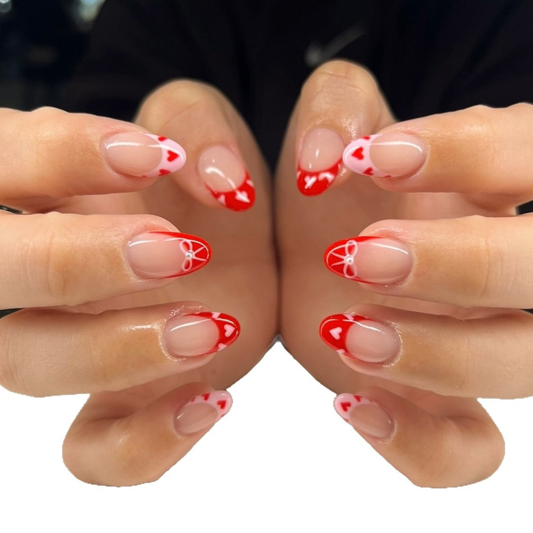Heart-Themed French Tip Press-On Nails Bowlift