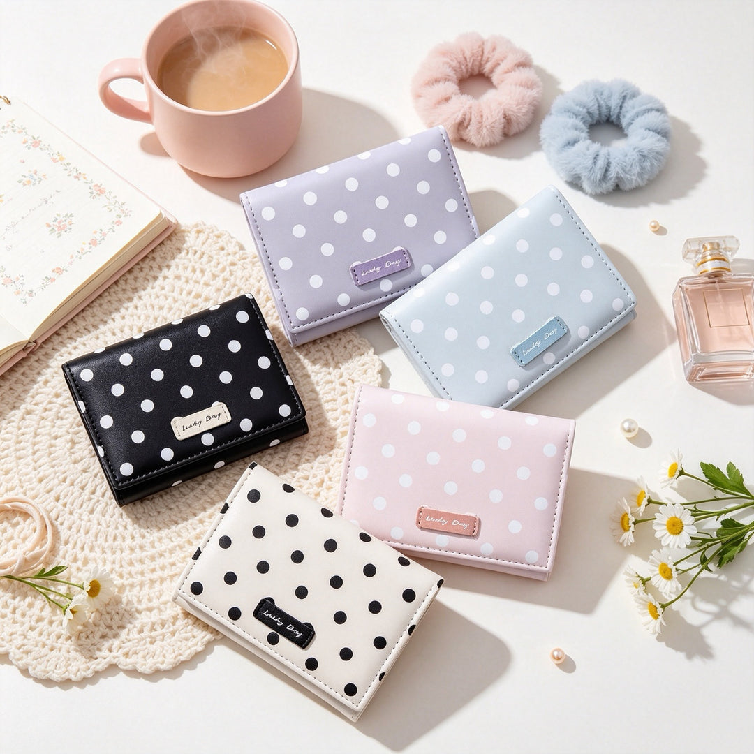 Compact polka dot trifold wallet with RFID protection multiple card and coin compartments Bowlift