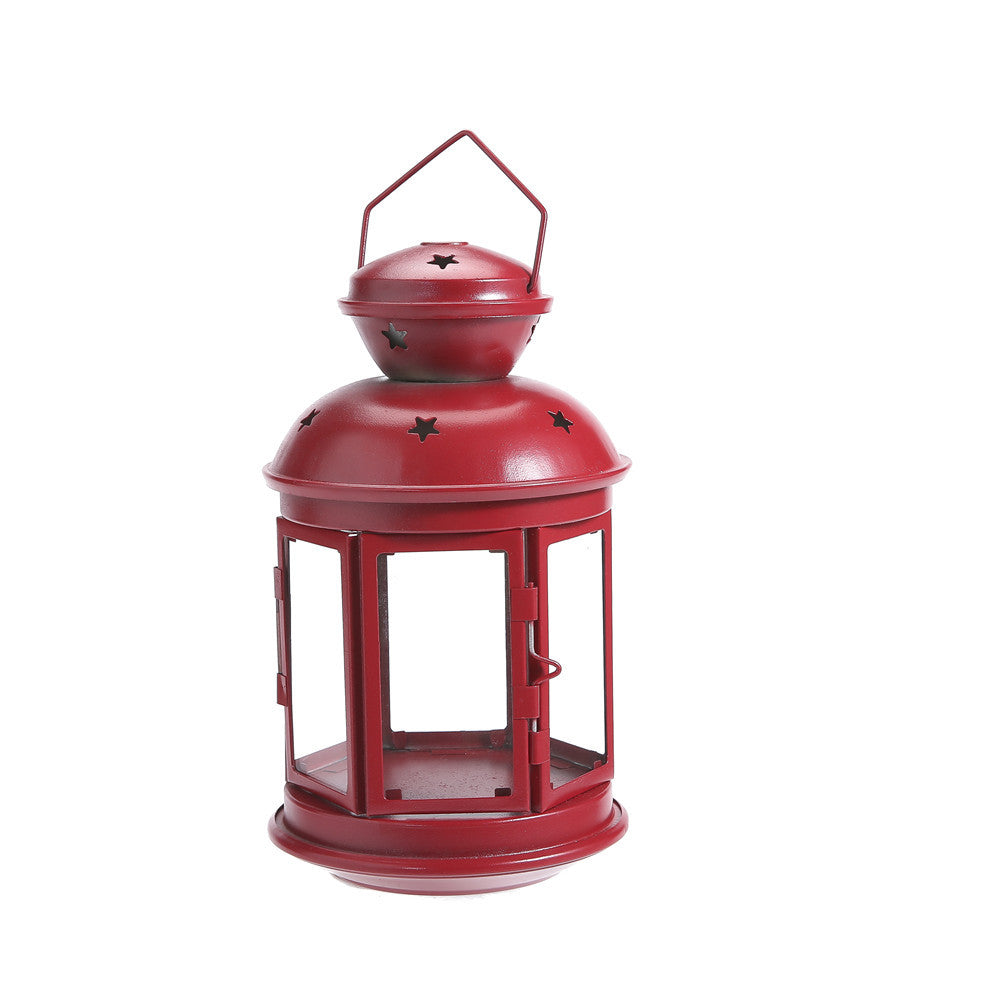 Vintage-Inspired Cylindrical Metal Tea Light Lantern with Star Vent Cutouts and Hinged Glass Door Bowlift