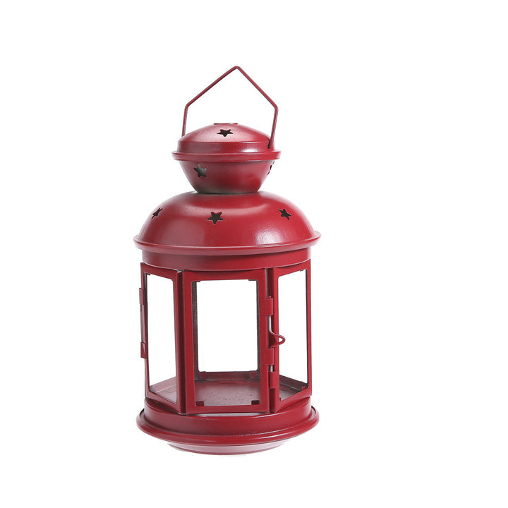 Vintage-Inspired Cylindrical Metal Tea Light Lantern with Star Vent Cutouts and Hinged Glass Door Bowlift