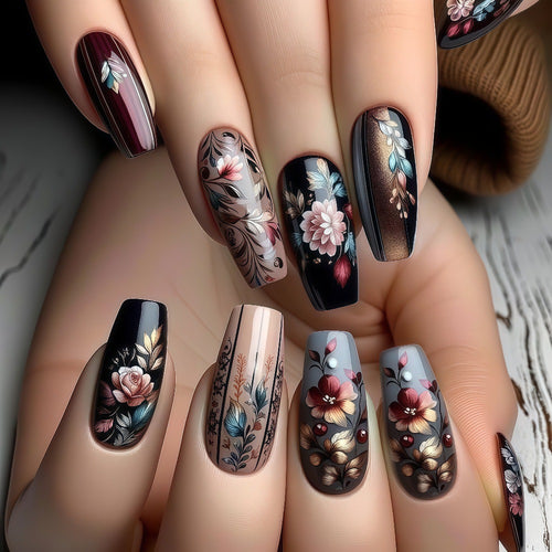 Artificial nails with floral design and luxurious finish Bowlift