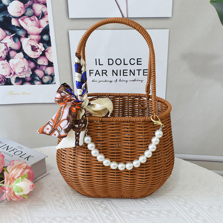Chic Woven Handbag with Pearl Accent Bowlift