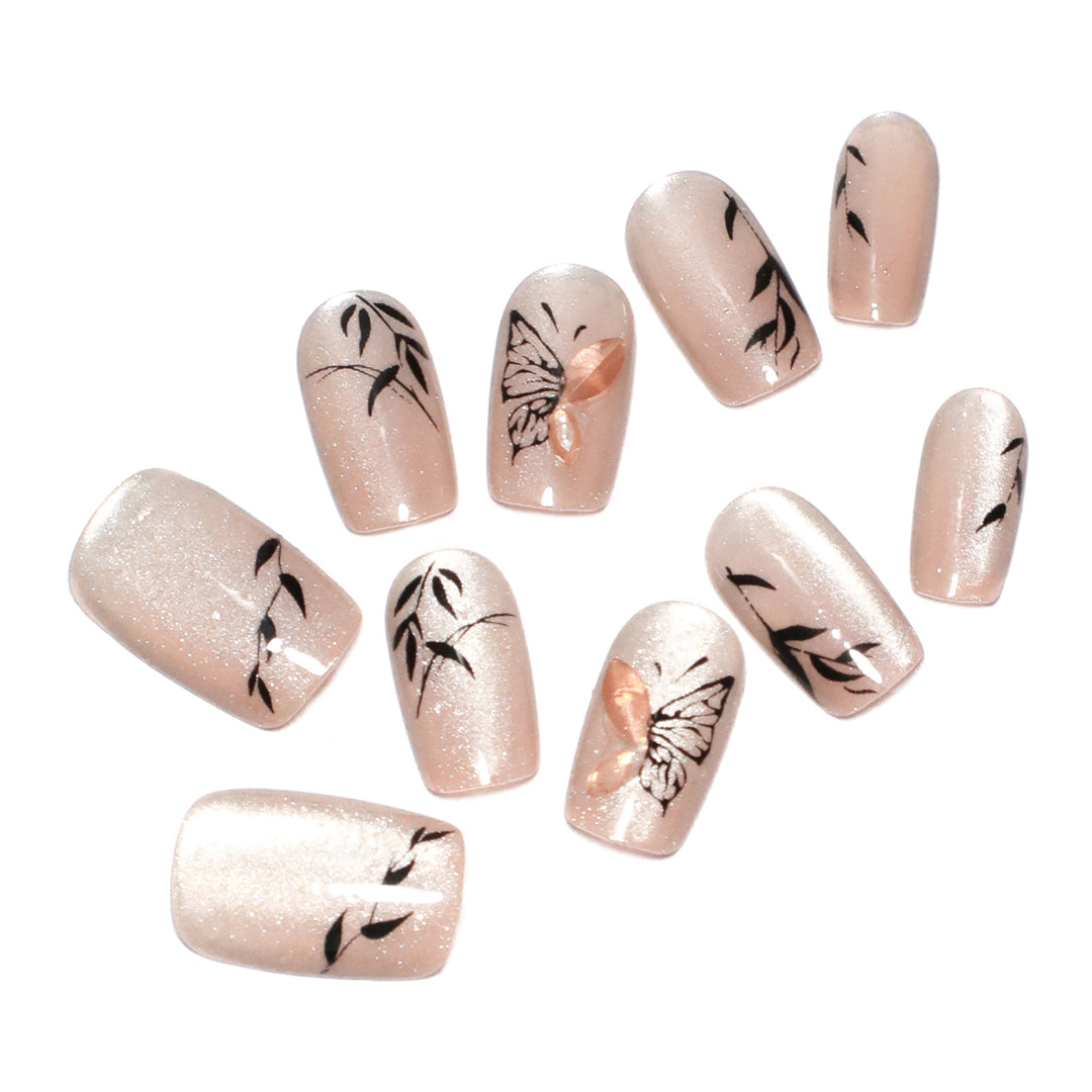 Artificial nail extensions with floral butterfly design Bowlift
