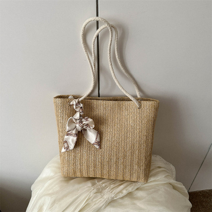 Woven Straw Tote Bag with Decorative Scarf