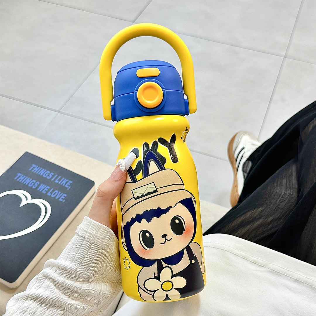Women's water bottle with fun animal design and ergonomic carrying handle Bowlift