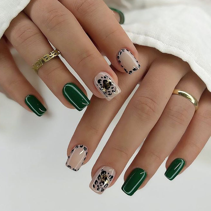 Artful nail art with tasteful green and leopard accents Bowlift