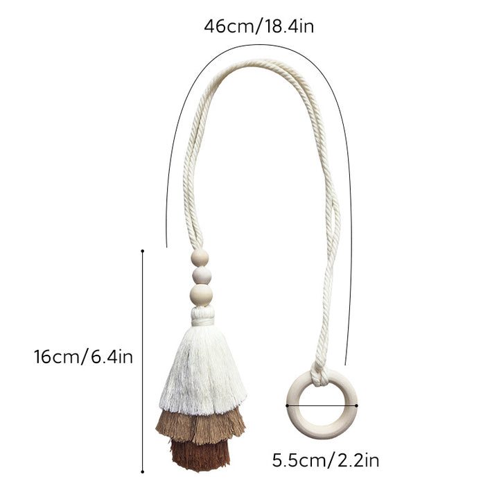 Decorative Layered Tassel Curtain Tieback with Wooden Beads and Loop Ring Bowlift