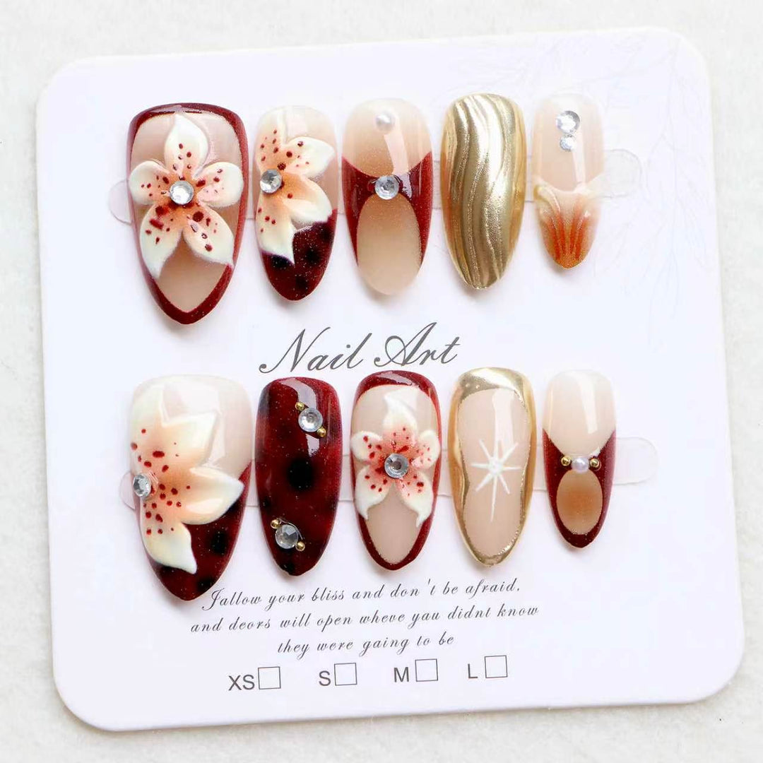 Artistic Press-On Nail Set with Floral Accents Bowlift