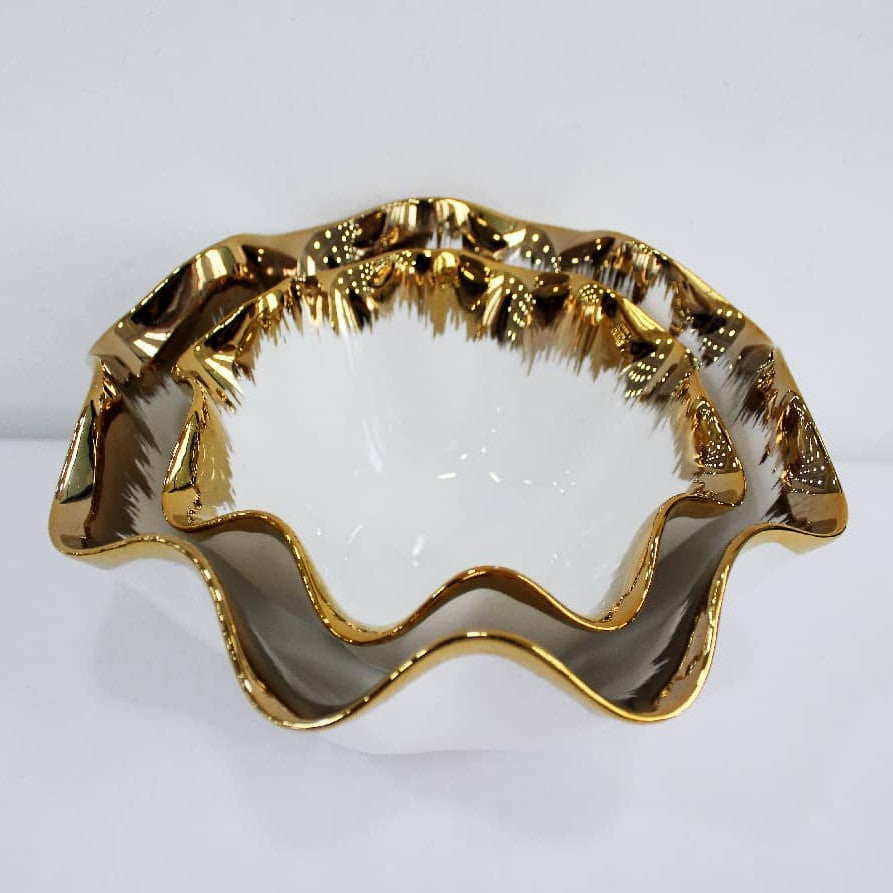 Hand-Glazed Metallic-Trimmed Ruffled Ceramic Centerpiece Bowl Bowlift