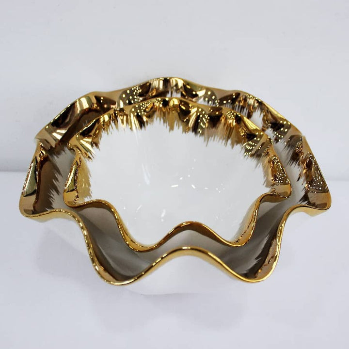 Hand-Glazed Metallic-Trimmed Ruffled Ceramic Centerpiece Bowl Bowlift