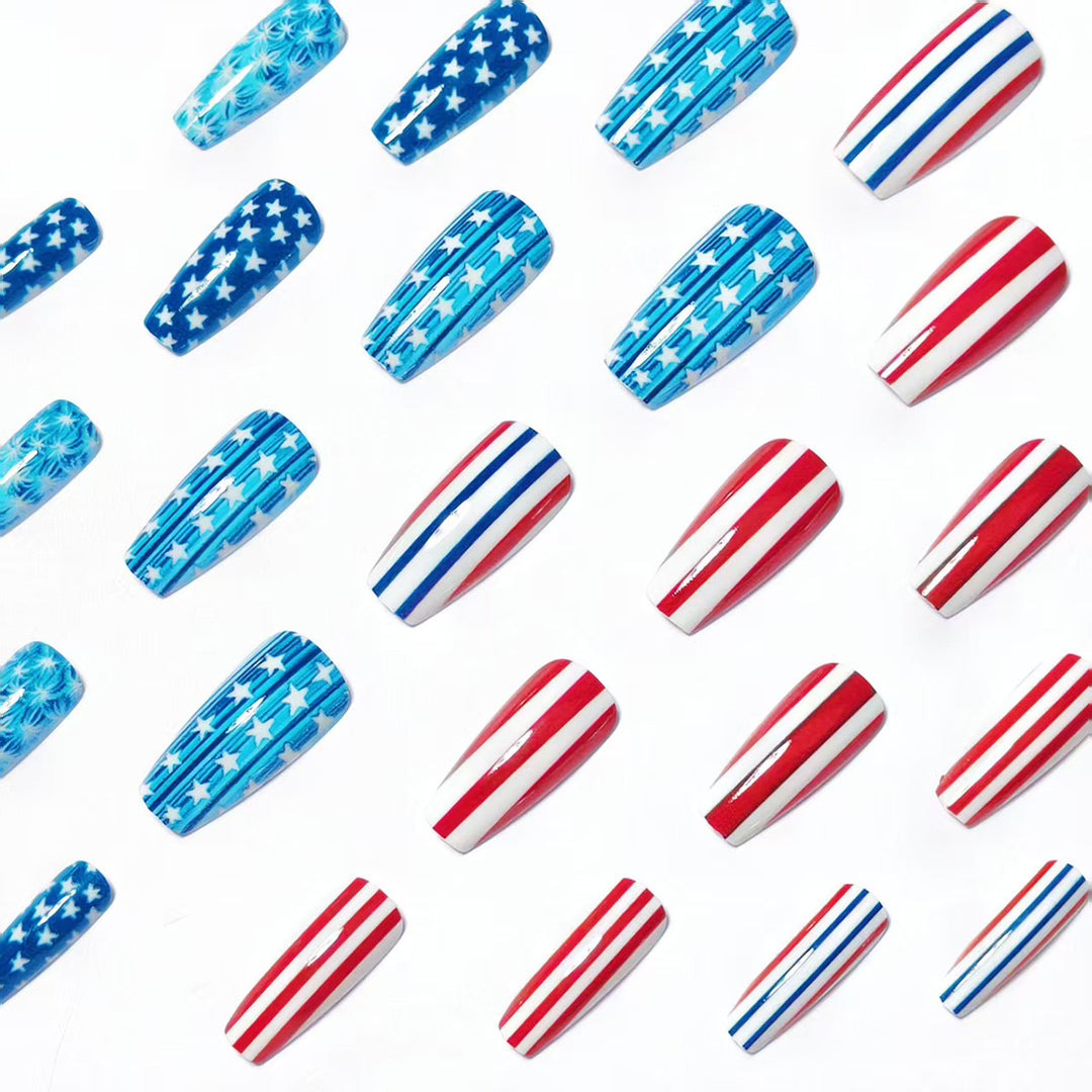 Artificial nails with patriotic stars and stripes design Bowlift