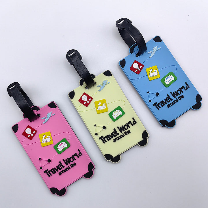 playful silicone luggage tag with clear ID window and embossed travel icons Bowlift