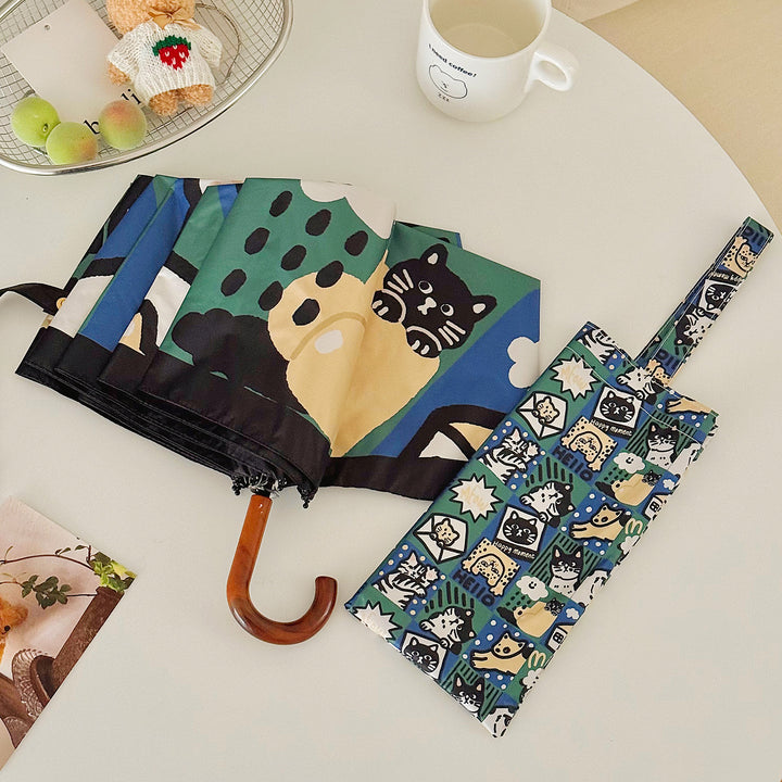 Women's Foldable Umbrella with Playful Cat Pattern Bowlift