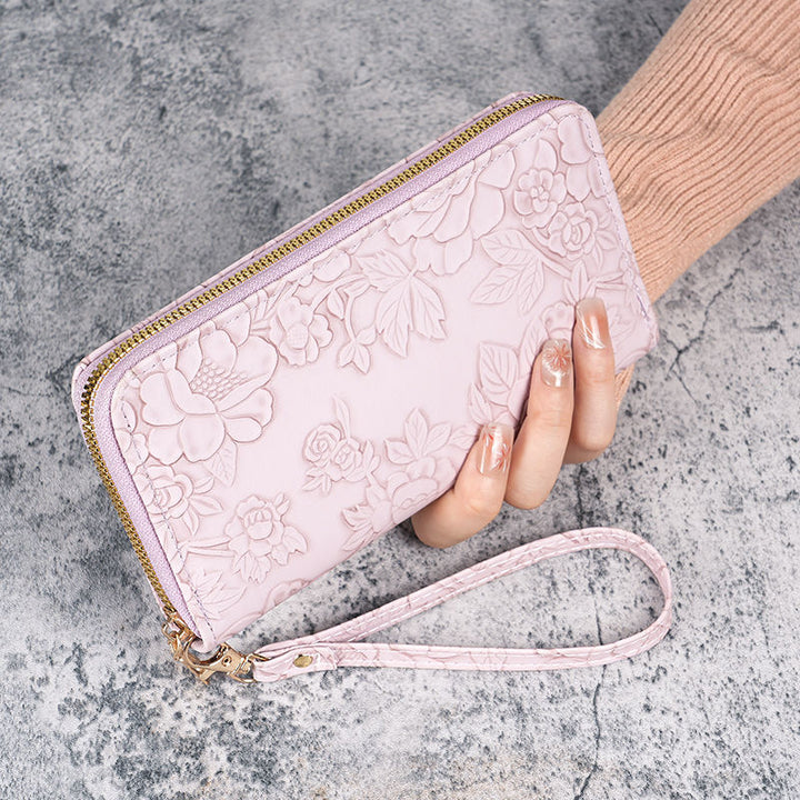 Embossed Floral Zip-Around Wristlet Wallet with Detachable Strap Bowlift