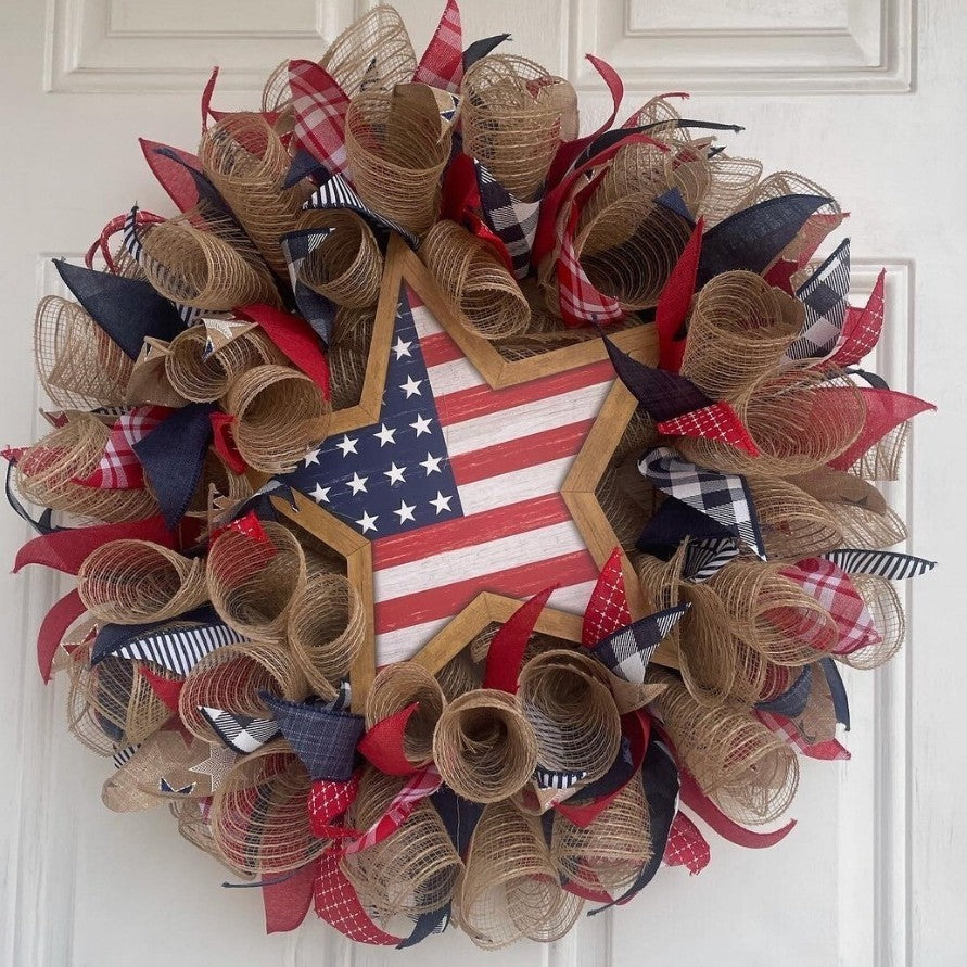 Unisex nan Patriotic Americana Heart Flag Wreath with Ribbon Mesh, Wooden Heart Cutout and Star Accent Bowlsift Bowlift