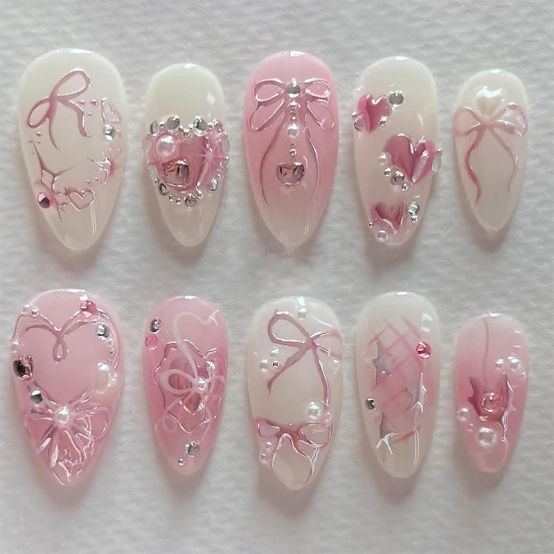 Decorative Press-On Nail Art Set with Elegant Floral and Gem Accents Bowlift