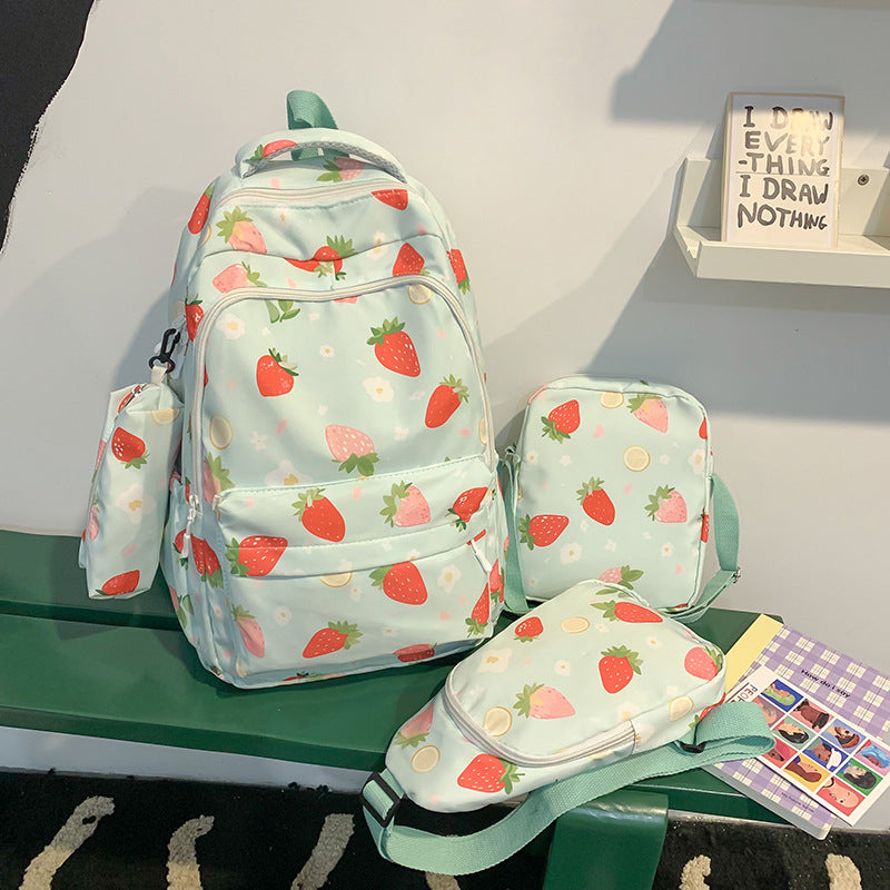 Stylish Strawberry Print Backpack Set
