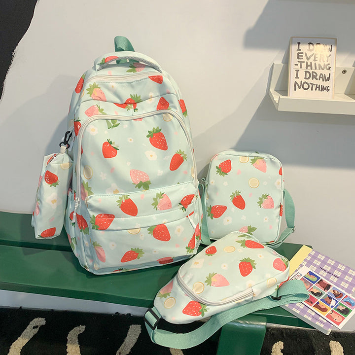 Stylish Strawberry Print Backpack Set